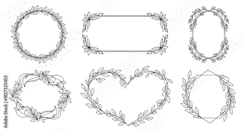 Vector illustration of elegant hand drawn floral frames and wreaths set with delicate leaves and flowers