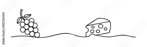 Simple line drawing of grapes and a wedge of swiss cheese placed on a wavy surface, perfect for food or beverage related graphic needs.