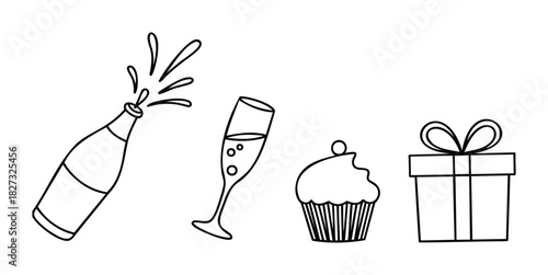 Celebration icons including a champagne bottle with splash, a glass of bubbly, a cupcake, and a gift box, perfect for party invitations and festive graphic needs