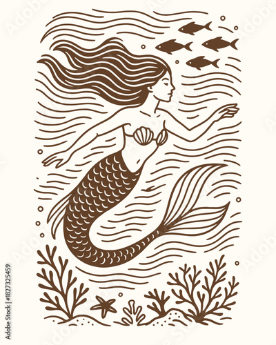 Mermaid Swimming Underwater Vintage Engraving Style Vector