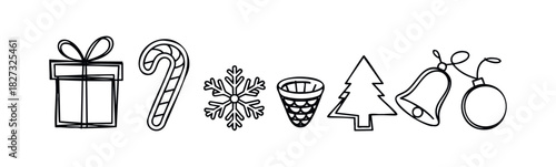 Collection of festive holiday symbols including a gift, candy cane, snowflake, ornament, tree, and bells for seasonal celebrations and winter themes.