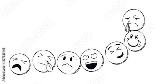 Collection of hand drawn emoji faces depicting a range of emotions from sadness and crying to joy and laughter, perfect for emotional expression in media.