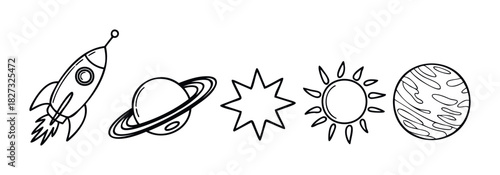 Space exploration themed simple line art collection featuring a rocket, planet with rings, starburst, sun, and another planet for cosmic journey and astronomy concepts.