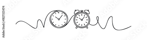 Abstract continuous line drawing of two clocks, one alarm and one simple round, symbolizing time passing and the concept of punctuality for scheduling and planning purposes.