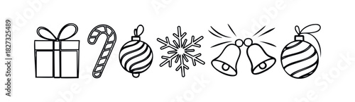 Festive holiday icons including gift, candy cane, ornament, snowflake, and bells for Christmas and New Year celebrations and winter season promotions