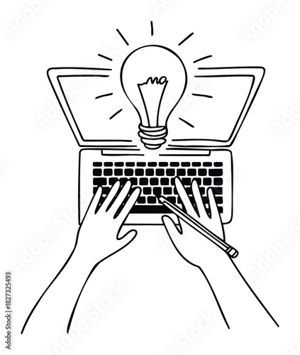 Hands typing on laptop with glowing light bulb above representing an idea being generated for digital content creation or study purposes