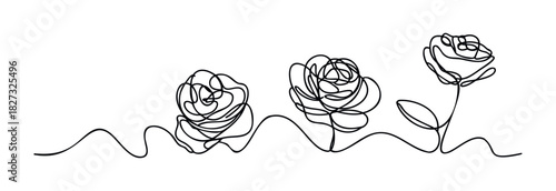 Elegant continuous line drawing of three blooming roses with delicate stems and leaves symbolizing growth and nature, perfect for floral decoration and botanical projects