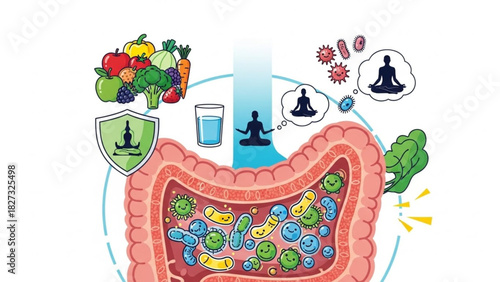 Gastrointestinal Tract and Microbiota Concept – Clean Line Art Medical Illustration