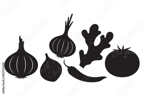  Collection of common cooking ingredients including onions garlic chili ginger and tomato silhouette