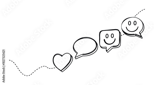Hand drawn outline of a heart and speech bubbles with smiley faces progressing along a dotted line, perfect for representing communication and emotions in digital media and marketing.
