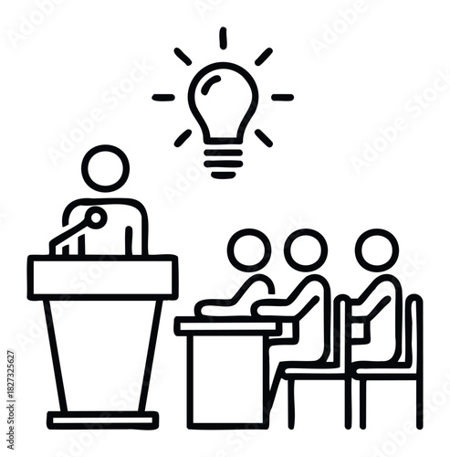 Speaker presents an idea with a light bulb overhead to an attentive audience seated at desks in a lecture hall representing learning and innovation