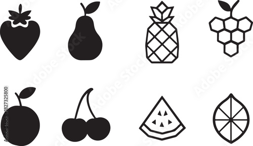 Flat silhouette fruit icon pack with simplified outlines of strawberry pear plum and cherry illustration.
