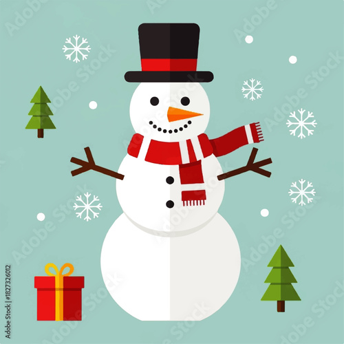A cheerful snowman with a hat, scarf, and snowflakes in a winter scene.