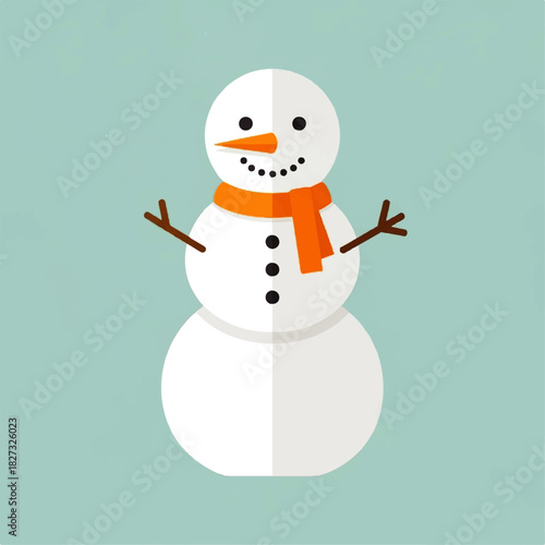 A cheerful snowman figure with an orange scarf and twig arms.
