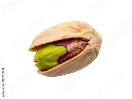 Pistachio nuts open shell vibrant green kernel white background