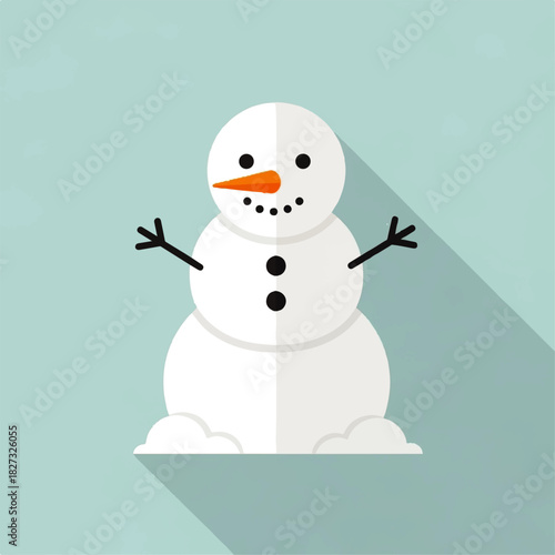 A cheerful snowman with a carrot nose and stick arms, casting a shadow.