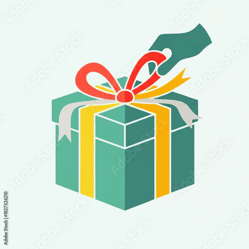 A hand unties a red bow on a teal gift box with yellow and white ribbon accents.