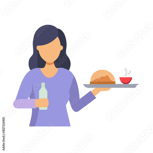 Modern Minimalist Woman Carrying Tray of Food Icon, Flat Silhouette of a Half-Body Female Figure Vector for Culinary Illustration Design
