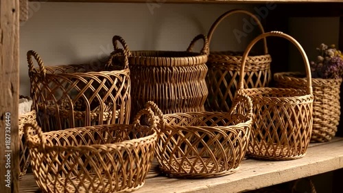 Wallpaper Mural Artisan Woven Baskets Collection Displayed on Rustic Wooden Shelves, Handcrafted Decor Torontodigital.ca