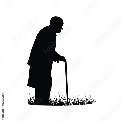 Silhouette of an elderly woman with a cane walking stick old senior grass black white person figure outline age aging support