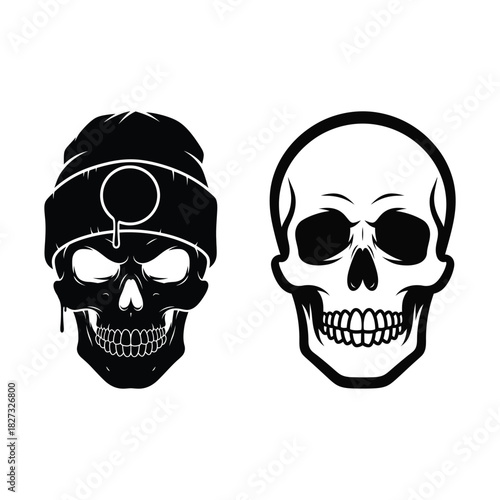Skull Vector Graphic Set beanie hat death skeleton bones anatomy human head face teeth jaw black white isolated design art illustration