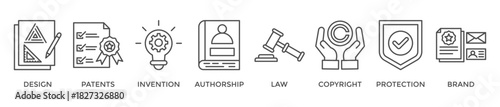 Intellectual property banner web icon vector illustration concept for trademark with icon of design, patents, invention, authorship, law, copyright, protection, and brand