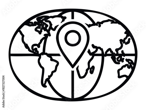 Global map with location pin symbolizing travel, navigation, and international connection for business or personal journeys across continents.