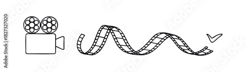 Vintage movie camera and film strip symbolizing cinema history and filmmaking production with a checkmark for approval and success in the entertainment industry.