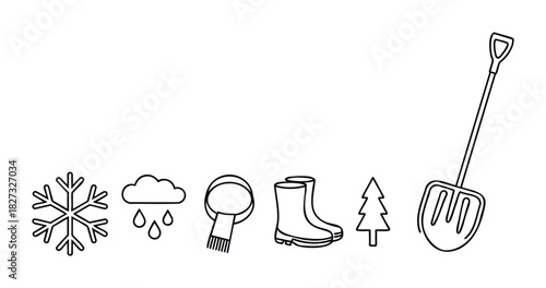 Winter weather icons including snowflake, rain cloud, scarf, boots, tree, and shovel for seasonal themes and weatherrelated concepts