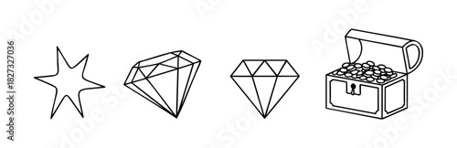 Collection of outline objects including a starburst, diamonds, and a treasure chest overflowing with coins, perfect for gaming or adventure themes.