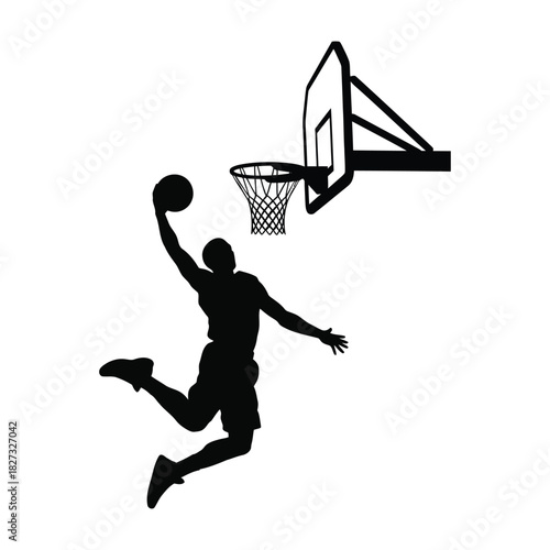 Basketball Player Silhouette Dunking hoop sport athlete jump court game action motion competition exercise fitness training slam dunk