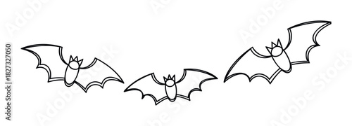 Three stylized black line art bats with outstretched wings flying in a group, perfect for Halloween decorations, party invitations, or spooky seasonal graphics.