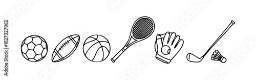 Collection of sports equipment including soccer ball, football, basketball, tennis racket, baseball glove, golf club, and shuttlecock for active lifestyle and fitness themes