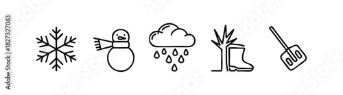 Winter and rain weather icons set with snowflake, snowman, rain cloud, tree with boot, and shovel for seasonal use