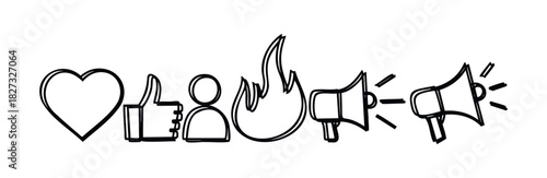 Hand drawn icons representing engagement and promotion, including a heart, thumbs up, person silhouette, fire, and two megaphones for social media marketing and communication concepts.