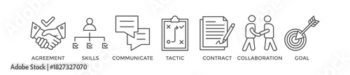 Negotiation banner web icon vector illustration concept for business deal agreement and collaboration with icon of skills, communicate, tactic, contract, and goal