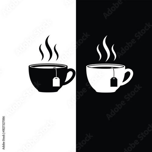 Black and White Tea Cup Illustration drink hot beverage steaming tea bag minimalist monochrome contrast graphic design icon symbol