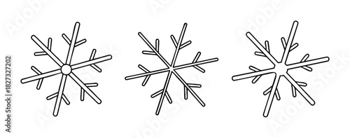 Set of three distinct black and white snowflake icons for winter holiday and seasonal weather concepts, ideal for graphic use and digital media applications.