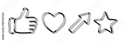 Collection of social media approval icons including a thumbs up, heart, arrow, and star for engagement and feedback representation in digital platforms.