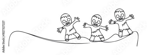 Three goofy, simple line drawing figures with wavy bodies and faces resembling skulls or masks are moving forward on a wavy line representing ground, ideal for use in playful or spooky