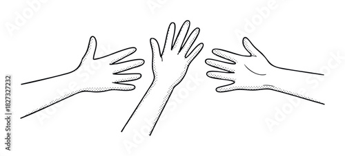 Three diverse hands reaching out and interacting, symbolizing connection, communication, and unity for conceptual projects.