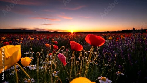 Wallpaper Mural Captivating Sunset Over a Vast Meadow of Wildflowers: Colorful Poppies and Daisies Blooming in Torontodigital.ca