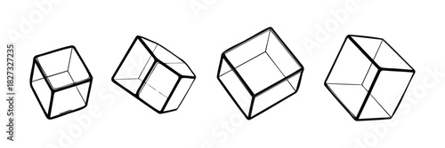 Four transparent cube shapes shown from different perspectives and angles, perfect for geometric presentations, architectural concepts, or abstract visual projects requiring precise forms.