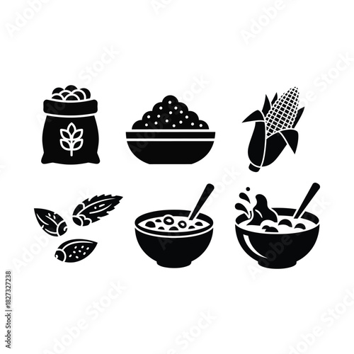 Cereal and Grain Icons in Black and White corn oats wheat food agriculture bowl spoon breakfast healthy diet nutrition plant seed sack