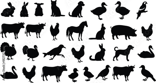 Big collection of farm animal and pet silhouettes including cows dogs cats and birds vector illustration