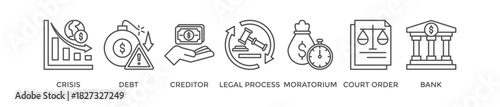 Bankruptcy banner web icon vector illustration concept with icon of crisis, debt, creditor, legal process, moratorium, court order, and bank