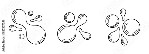 Abstract liquid blobs and drops in black outline for fluid motion and dynamic splash designs, ideal for scientific or cosmetic branding.
