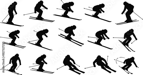 Collection of black silhouettes of skiers skiing downhill in different dynamic poses isolated on white background vector illustration