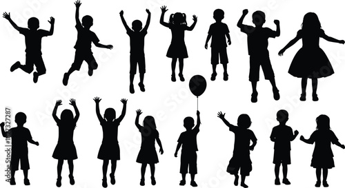 Collection of black vector silhouettes featuring happy children boys and girls jumping playing and waving hands isolated on white background.