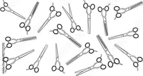 Collection of professional barber scissors and hairdressing shears outline sketch style isolated on white background vector illustration